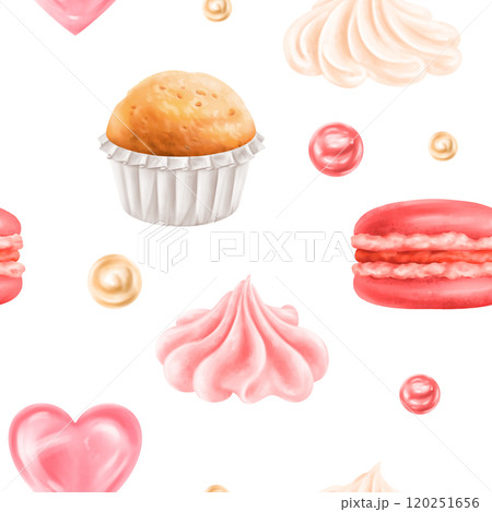 Seamless pattern with bright berry confectionery for bakery. Cupcake, macaroon decorated with cream, cream, lollipops. Decorations for parties and holidays, background. Hand-drawn illustrations 120251656
