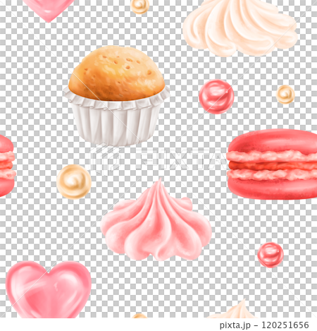 Seamless pattern with bright berry confectionery for bakery. Cupcake, macaroon decorated with cream, cream, lollipops. Decorations for parties and holidays, background. Hand-drawn illustrations 120251656