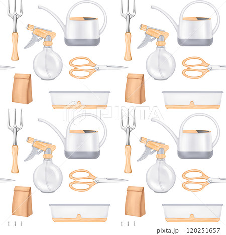 A seamless pattern of garden tools rakes, watering cans, pots and scissors. Tools for a florist to work with plants and soil in greenhouses. Harvesting on the farm. Digital isolated illustration A seamless pattern of garden tools rakes, watering cans, pots and scissors. Tools for a florist to work with plants and soil in greenhouses. Harvesting on the farm. Digital isolated illustration 120251657