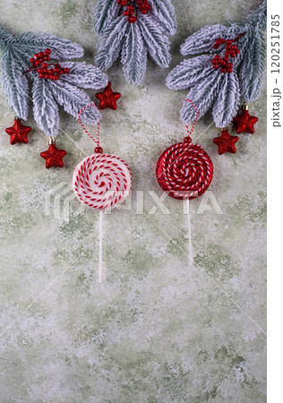 Festive Christmas background with fir tree and decoration 120251785