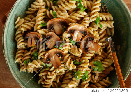 fusilli pasta, in creamy mushroom sauce, pasta with mushrooms, homemade, no people, 120251806