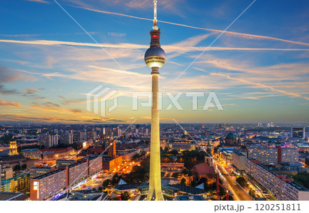 Skyline panorama of Berlin at sunset, modern buildings and bridges, Germany 120251811