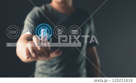artificial intelligence generates technology concept. a person touch AI tech big data business process strategy, and smart customer service management. Digital transformation change management. 120251818