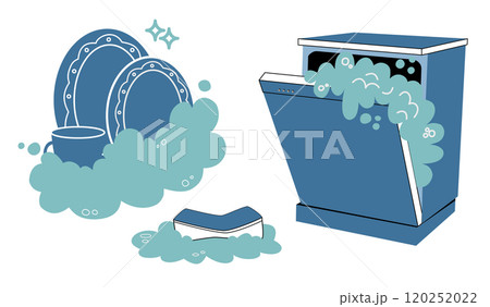 An illustration of washing dishes in the outline style. Plates and cups in foam, a sponge with detergent and a dishwasher. 120252022