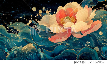 A beautiful lotus flower blooms gracefully in a serene blue wave. The artwork captures the harmony of nature and elegance. Perfect for home decor or as a calming backdrop. AI A beautiful lotus flower blooms gracefully in a serene blue wave. The artwork captures the harmony of nature and elegance. Perfect for home decor or as a calming backdrop. AI 120252087
