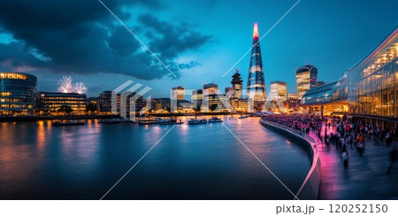 A stunning evening view of London with vibrant city lights and reflections on the water. The Shard stands tall among modern buildings. This image captures urban beauty and nightlife. AI 120252150