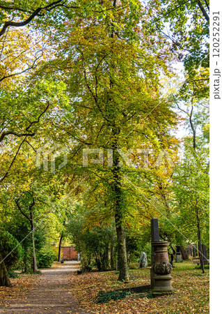 Autumn view of famous Old North Cemetery of Munich, Germany with historic gravestones. 120252291