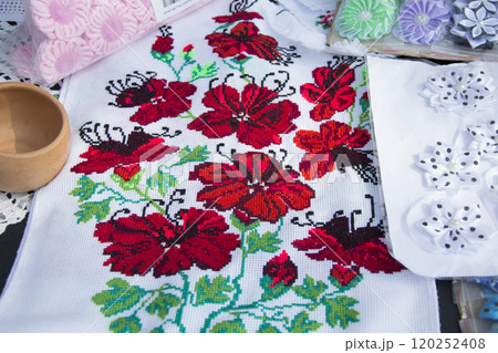 Embroidered Belorussian towels. Embroidery. National pattern.Slavic ornament on fabrics and towels Embroidered Belorussian towels. Embroidery. National pattern.Slavic ornament on fabrics and towels 120252408