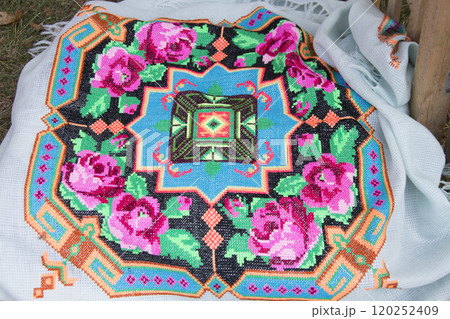 Embroidered Belorussian towels. Embroidery. National pattern.Slavic ornament on fabrics and towels 120252409