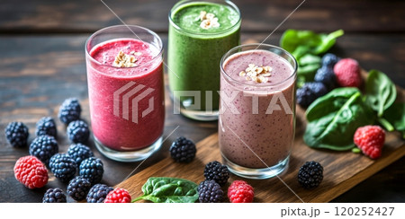 Three colorful smoothie glasses showing vibrant flavors and healthy ingredients. Each smoothie is made with fresh fruits and greens. Perfect for health-conscious individuals. AI 120252427