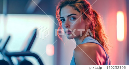 A focused young woman in athletic attire gazes off camera in a modern gym. The vibrant lighting enhances her determination. This image captures fitness, motivation, and the pursuit of wellness. AI 120252596