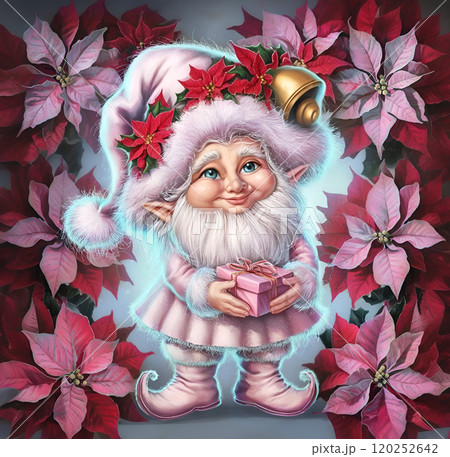 stunning Christmas scene with cute gnome wearing in pink  holding gift box as Santa Claus around poinsettias. Ai generated. 120252642