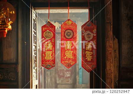 Three red banners hanging from a doorway with Chinese writing on them. The banners are hanging from a chain and are decorated with gold 120252947