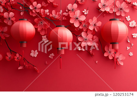 Chinese New Year red tree with red lanterns hanging from it. The tree is surrounded by red paper and the lanterns are hanging from the branches. The scene is festive and colorful, evoking a sense of 120253174