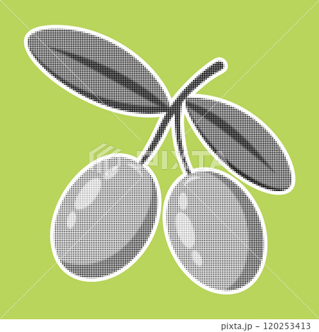 Olives. Trendy halftone style retro black and white dotted texture. Vintage pop art collage element 120253413