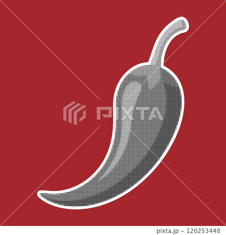 Chili pepper. Trendy halftone style retro black and white dotted texture. Vintage pop art collage element 120253448
