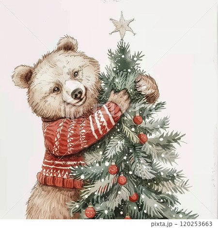 A bear is holding a Christmas tree branch in its mouth. The bear is wearing a red sweater and he is happy 120253663