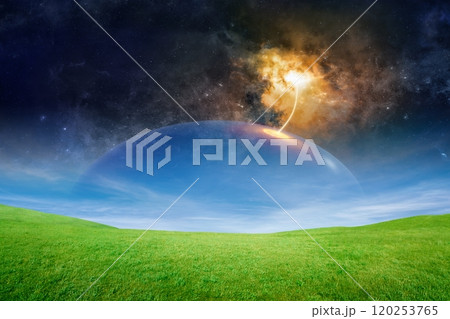 Spectacular sci-fi image - deep space teleportation science experiment, big transparent dome over green field. Spectacular sci-fi image - deep space teleportation science experiment, big transparent dome over green field. 120253765