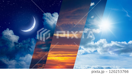 Opposites in nature: day and night, light and darkness, sun and moon. Weather forecast and time concept image. Opposites in nature: day and night, light and darkness, sun and moon. Weather forecast and time concept image. 120253766