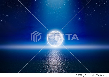 Starry night sky with full moon rising above serene sea. Serenity nature image with supermoon, outdoor at nighttime. 120253770