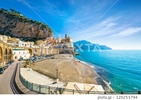 Deserted beach of small town Atrani on Amalfi Coast in province of Salerno, Campania region, Italy. Amalfi coast is popular travel and holyday destination in Italy. 120253794