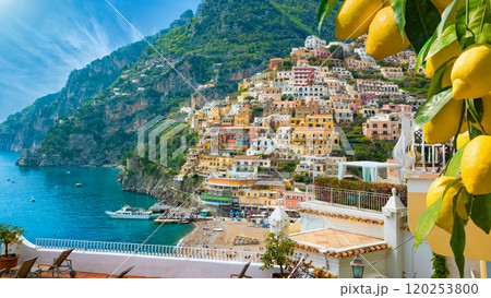 Beautiful Positano with comfortable beach and blue sea on Amalfi Coast in Campania, Italy. Amalfi coast is popular travel and holyday destination in Europe. 120253800