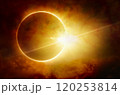 Dramatic scenic image: total solar eclipse in dark red cloudy sky 120253814