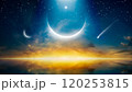 Amazing image with beautiful glowing sunset, dramatic eclipse, rising crescent moon, bright stars  and falling comet. 120253815