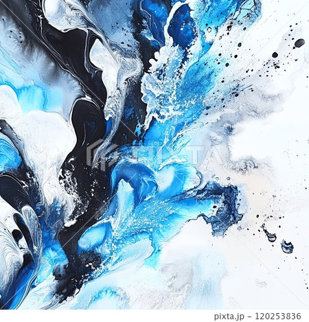 This artwork showcases a blend of deep blue and black hues, swirling together against a white background, illustrating fluid motion and artistic creativity. 120253836