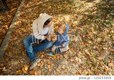 Parent and child enjoying autumn leaves in a park setting 120253958