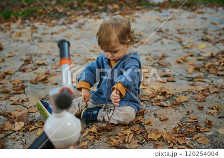 Toddler playing with fallen leaves in autumn outdoors Toddler playing with fallen leaves in autumn outdoors 120254004