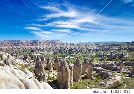 Amazing rocks in Cappadocia near Goreme eroded into spectacular pillars and minaret-like forms, Turkey 120254052
