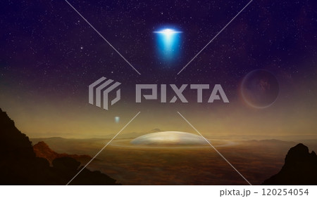 Abstract sci-fi collage with dark planet in space, ufo flies above aliens colony on planet Earth Abstract sci-fi collage with dark planet in space, ufo flies above aliens colony on planet Earth 120254054