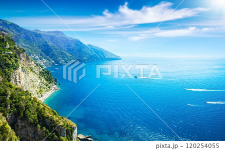 Rocky Amalfy coast near Positano and of Gulf of Salerno. Positano is picturesque town with splendid coastal views in Campania, Italy. Rocky Amalfy coast near Positano and of Gulf of Salerno. Positano is picturesque town with splendid coastal views in Campania, Italy. 120254055