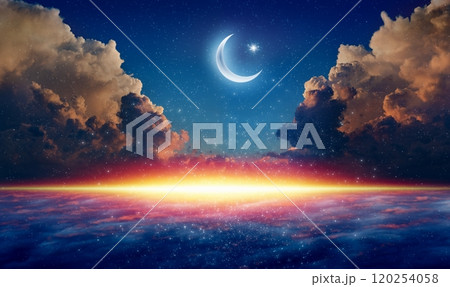 Ramadan background with bright crescent, stars and glowing horizon Ramadan background with bright crescent, stars and glowing horizon 120254058