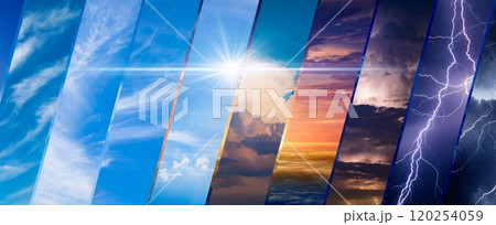 Weather forecast background, climate change concept, collage of images with variety weather conditions - bright sun and blue sky, stormy sky with lightnings, sunset and night 120254059