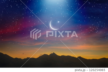Ramadan background with crescent, stars and glowing clouds with ray from skies. Month of Ramadan is that in which was revealed Quran. 120254065
