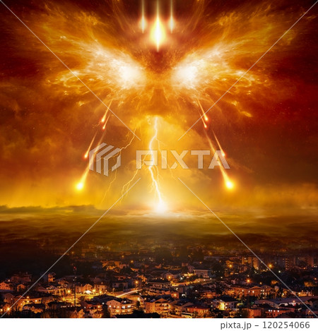 Apocalyptic religious image, armageddon battle between forces of good and evil, judgment day, end of world and times 120254066