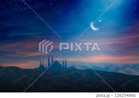 Ramadan background with crescent, stars and glowing clouds above mosque on mountains. Month of Ramadan is that in which was revealed Quran. Ramadan background with crescent, stars and glowing clouds above mosque on mountains. Month of Ramadan is that in which was revealed Quran. 120254068