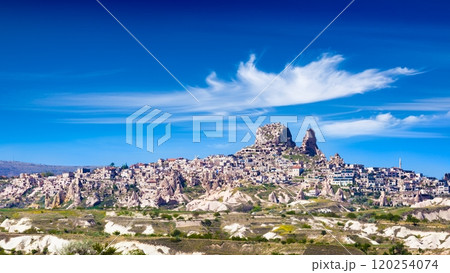 Natural rock castle of Uchisar is highest point in Cappadocia, Nevsehir Province, Turkey. 120254074