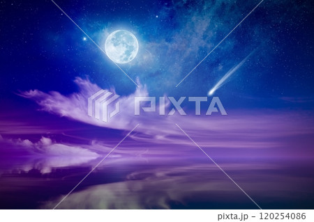 Amazing mysterious image, rising full moon, falling comet or shooting star and pink clouds above serene sea. Full moon party concept. 120254086