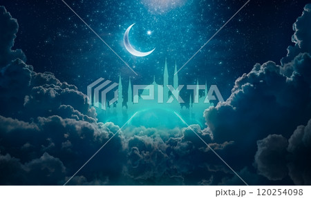 Ramadan religious background with bright crescent, stars and blue clouds. Month of Ramadan is that in which was revealed Quran. 120254098