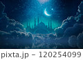 Ramadan religious background with bright crescent, stars and blue clouds. Month of Ramadan is that in which was revealed Quran. 120254099