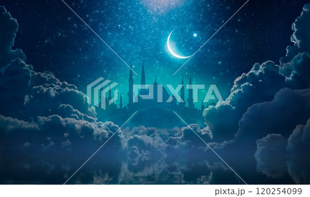 Ramadan religious background with bright crescent, stars and blue clouds. Month of Ramadan is that in which was revealed Quran. 120254099