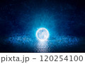 Full moon party concept image. Luminous sphere, similar to full moon, levitates over water 120254100