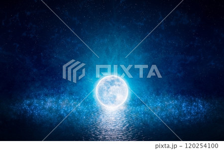 Full moon party concept image. Luminous sphere, similar to full moon, levitates over water Full moon party concept image. Luminous sphere, similar to full moon, levitates over water 120254100