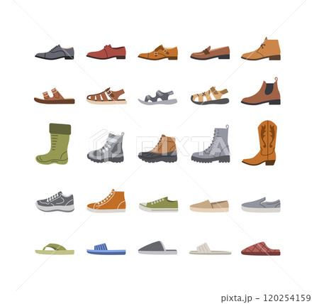 Men shoes for every season and occasion. Simple flat color icons for clothes shop. Male dress shoes, casual footwear, different sneakers, boots, sandals, slippers. Side view, isolated 120254159