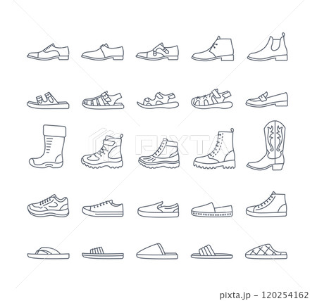 Men shoes for every season and occasion. Simple thin line icons for clothes shop. Male dress shoes, casual footwear, different sneakers, boots, sandals, slippers. Side view, editable stroke, isolated 120254162