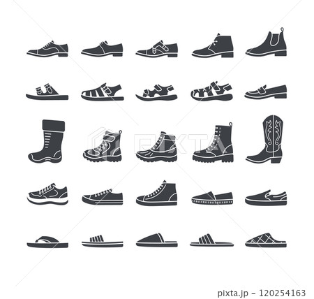 Men shoes for every season and occasion. Simple solid silhouette icons for clothes shop. Male dress shoes, casual footwear, different sneakers, boots, sandals, slippers. Side view, isolated 120254163