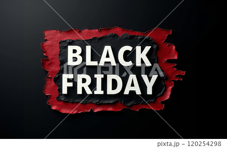 The words BLACK FRIDAY written in white bold font on a black, torn, paper background 120254298